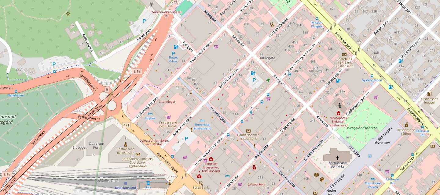 Kart over Kvadraturen i Kristiansand med Markens gate 42 markert, mellom Kristian IVs gate og Henrik Wergelands gate